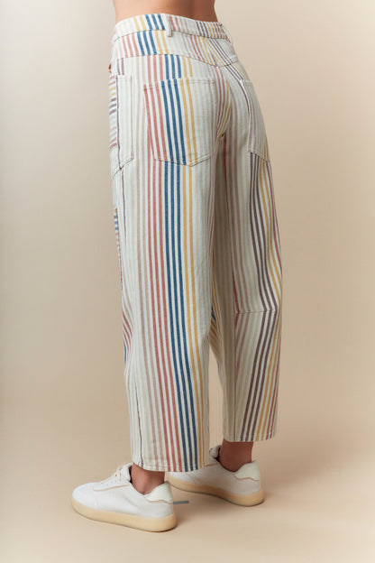 Multi Pin Stripe Washed Twill Barrel Jeans