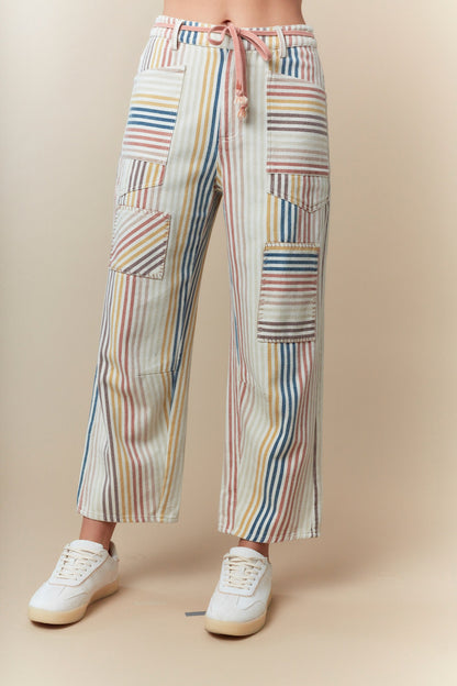 Multi Pin Stripe Washed Twill Barrel Jeans