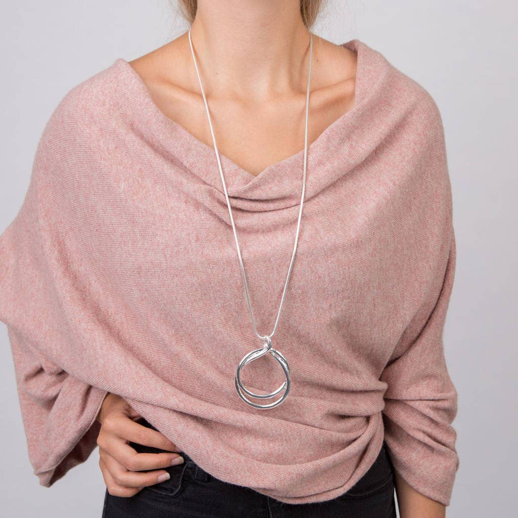 Double Ring Long Statement Necklace: Silver