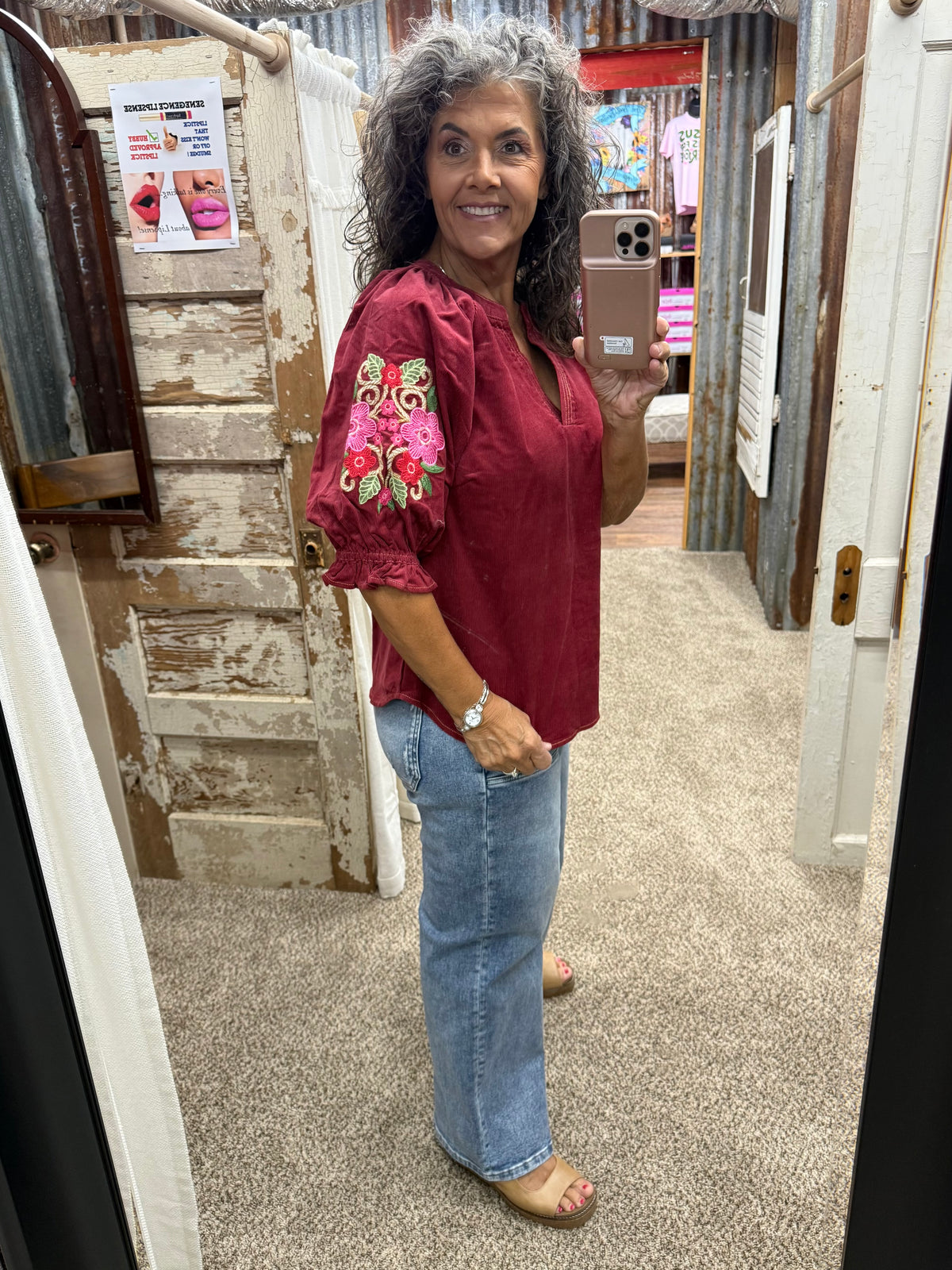 UMGEE Berry Embroidered Sleeve Corduroy Blouse