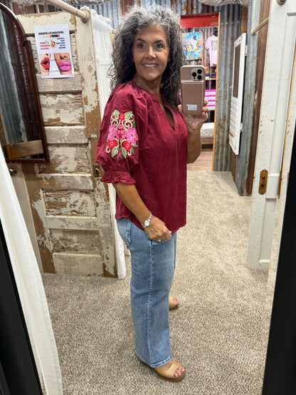 UMGEE Berry Embroidered Sleeve Corduroy Blouse