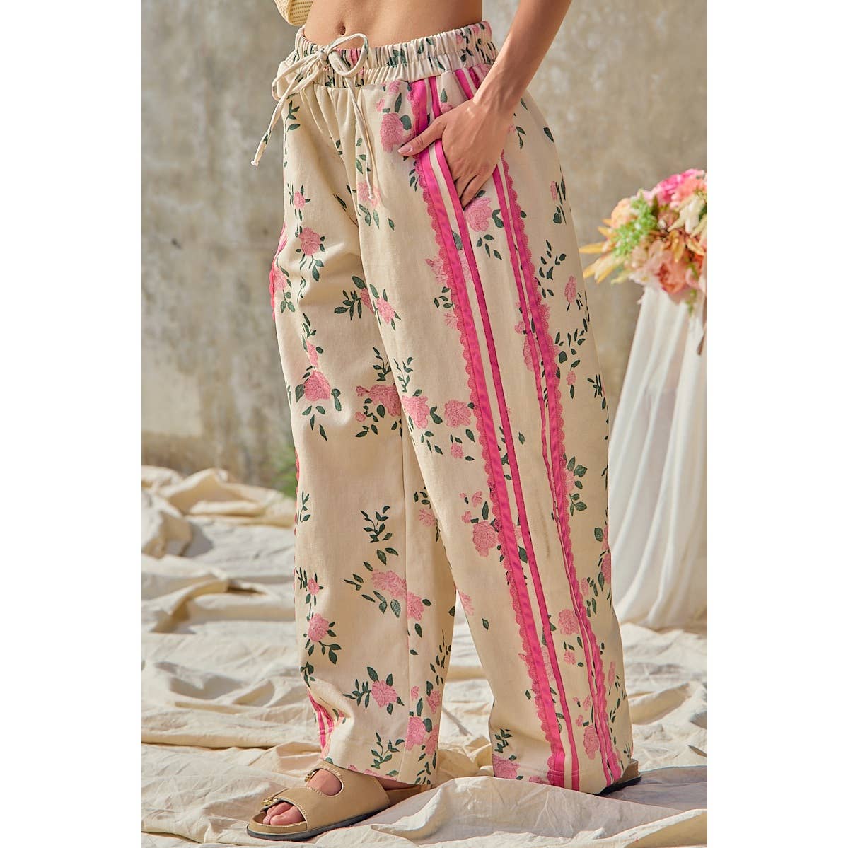 FLOWER PRINTED TWILL SIDE TRIM ELASTIC WAIST PANTS