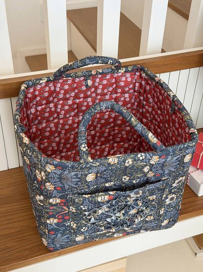 Navy Quilted Storage Basket Boho Organizer Tote