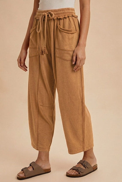 AnnieWear Mineral Washed Barrel Fit Wide Leg Pants - Camel