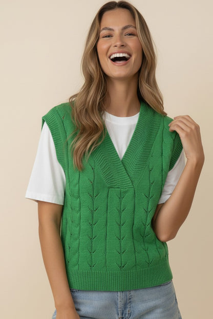 Green Dolman Short Sleeve Cable Sweater Top