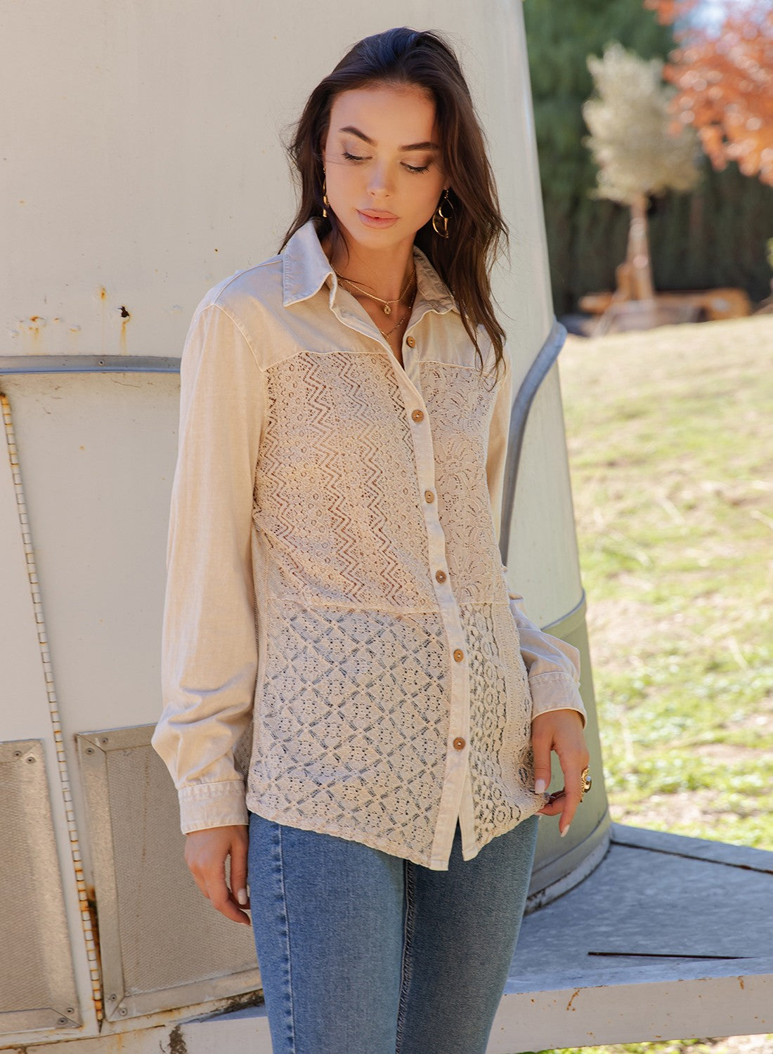 Boho Crochet Lace Button-down Top Casual Shirt