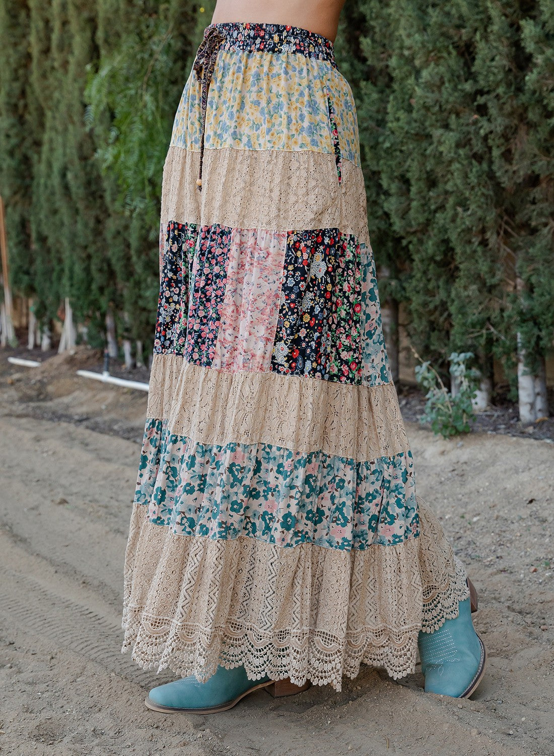 Boho Floral Patchwork Tiered Lace Maxi Skirt