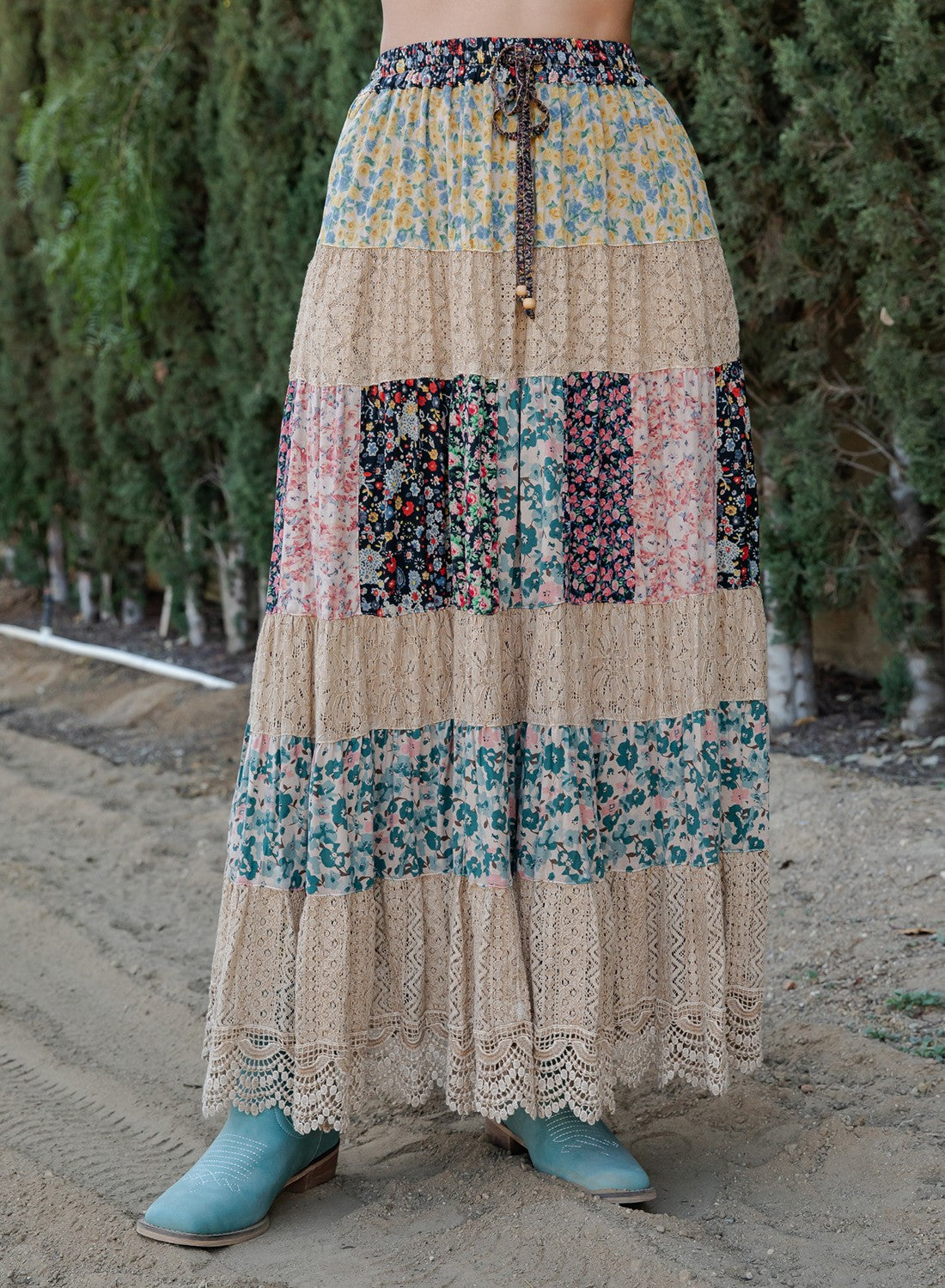 Boho Floral Patchwork Tiered Lace Maxi Skirt
