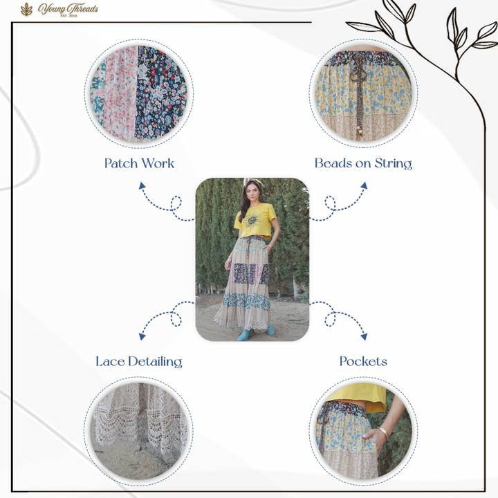 Boho Floral Patchwork Tiered Lace Maxi Skirt