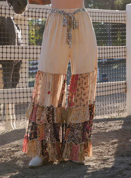 Boho Ruffled Tiered Wide Leg Knit Print Pants