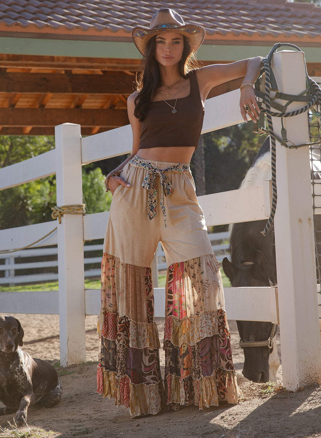 Boho Ruffled Tiered Wide Leg Knit Print Pants