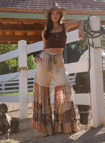 Boho Ruffled Tiered Wide Leg Knit Print Pants