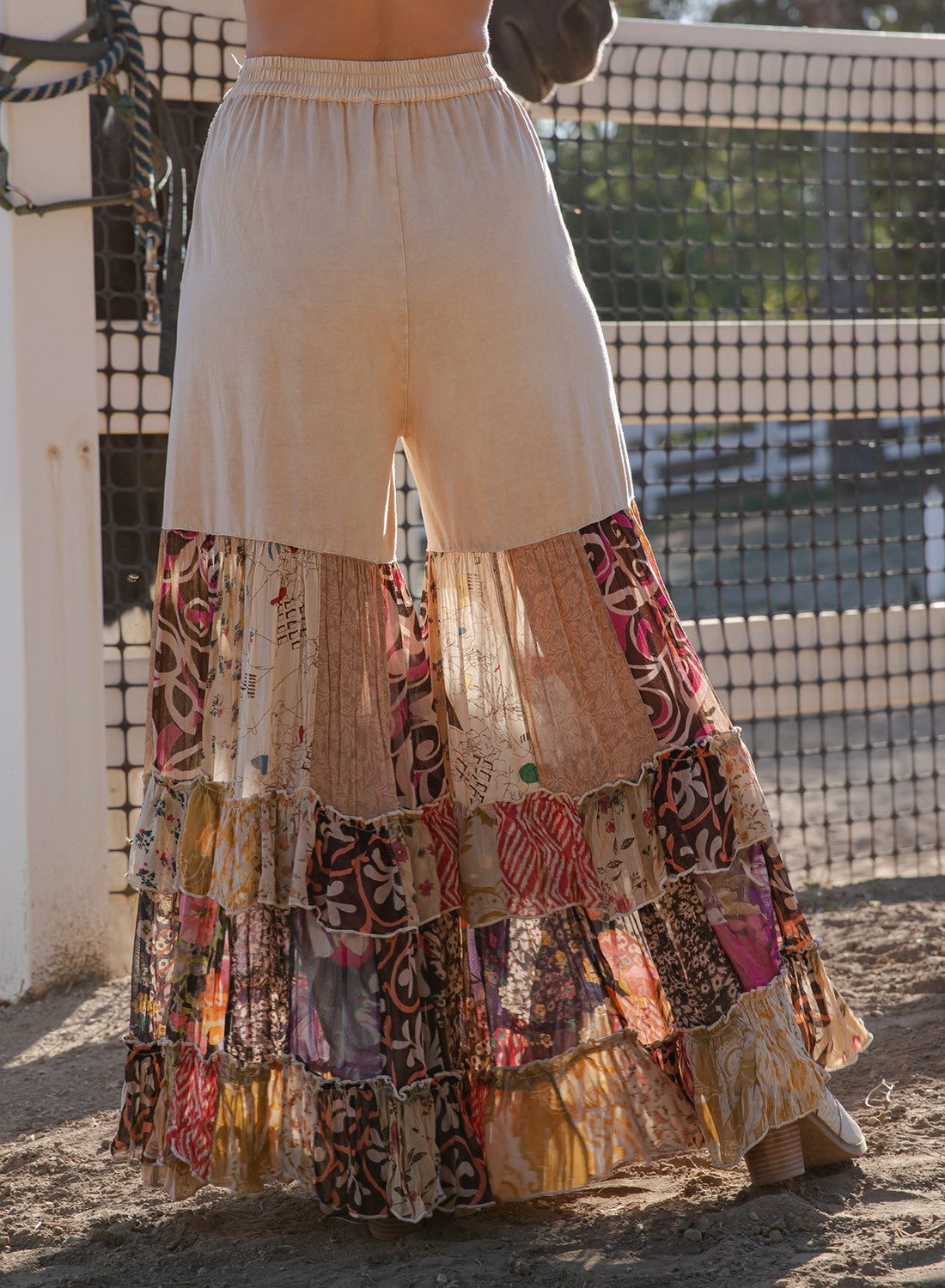 Boho Ruffled Tiered Wide Leg Knit Print Pants