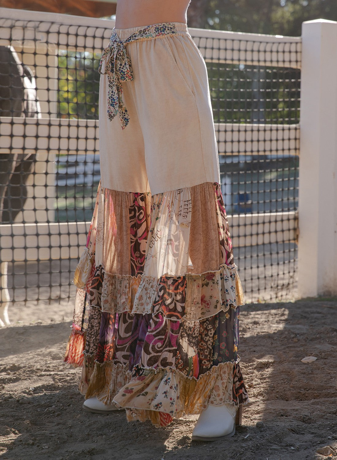 Boho Ruffled Tiered Wide Leg Knit Print Pants