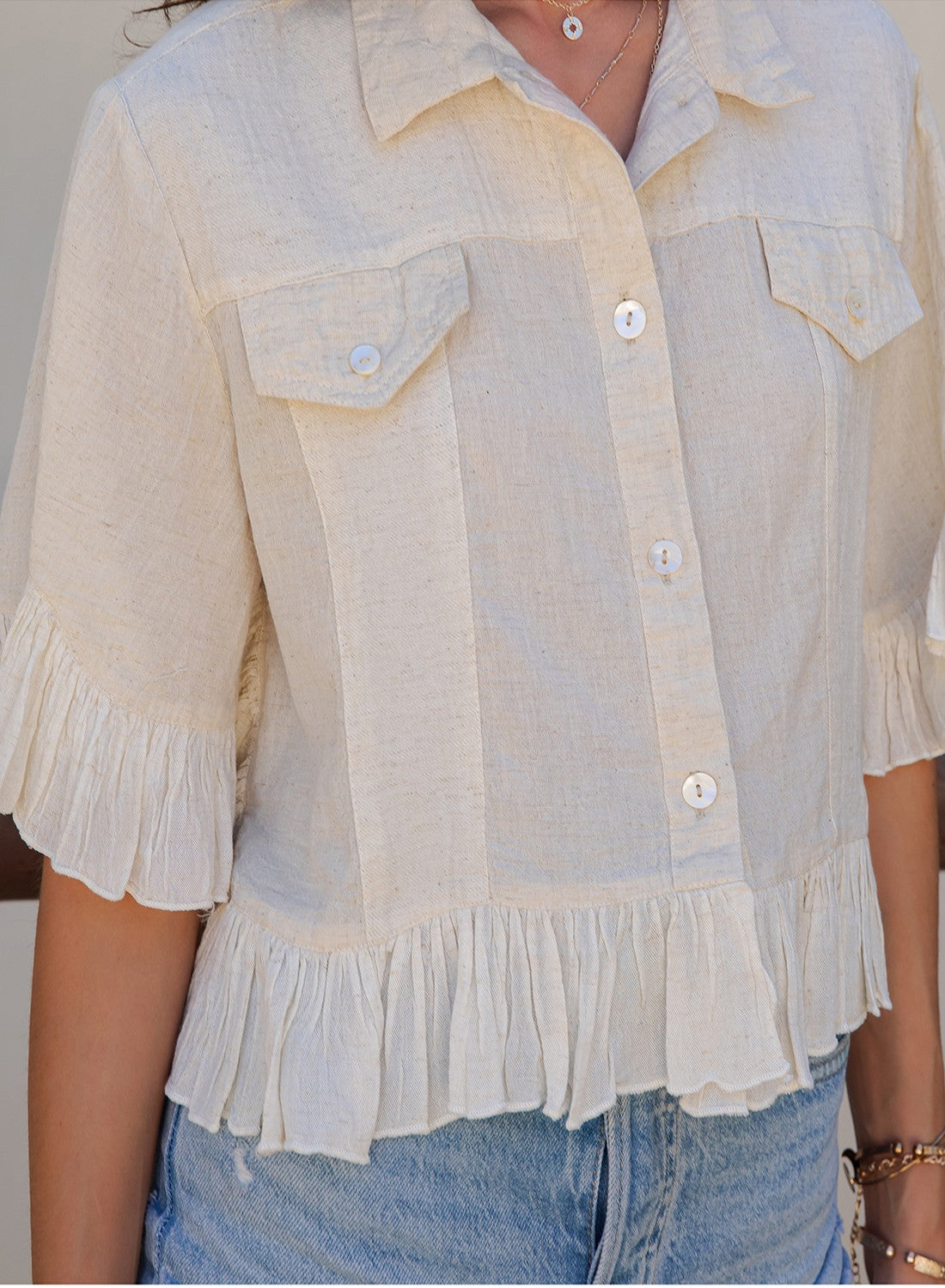 Crop Latte Top/Jacket With Ruffled Hem