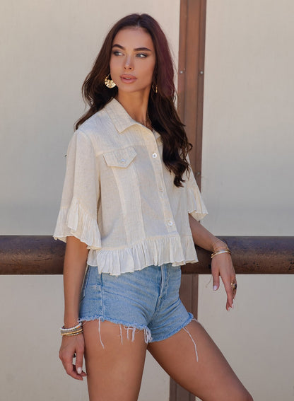 Crop Latte Top/Jacket With Ruffled Hem