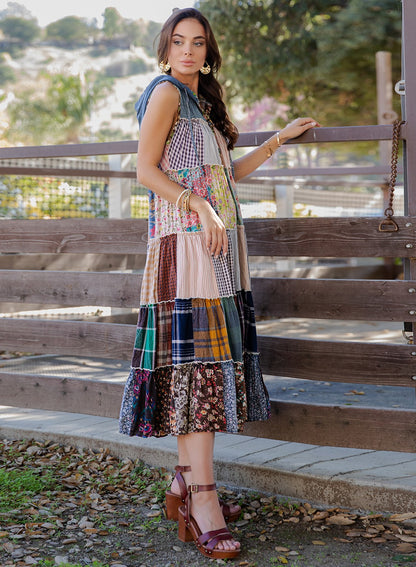 Boho Patchwork Sleeveless Maxi Duster With Hoodie