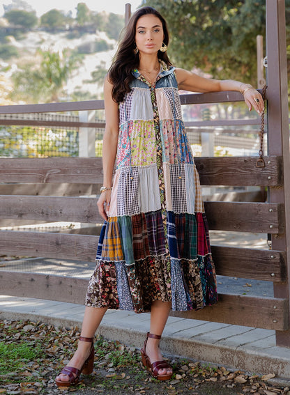 Boho Patchwork Sleeveless Maxi Duster With Hoodie
