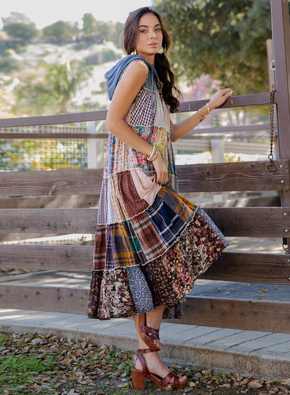 Boho Patchwork Sleeveless Maxi Duster With Hoodie