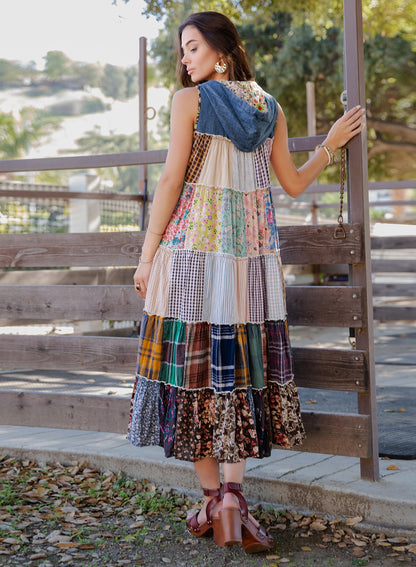 Boho Patchwork Sleeveless Maxi Duster With Hoodie