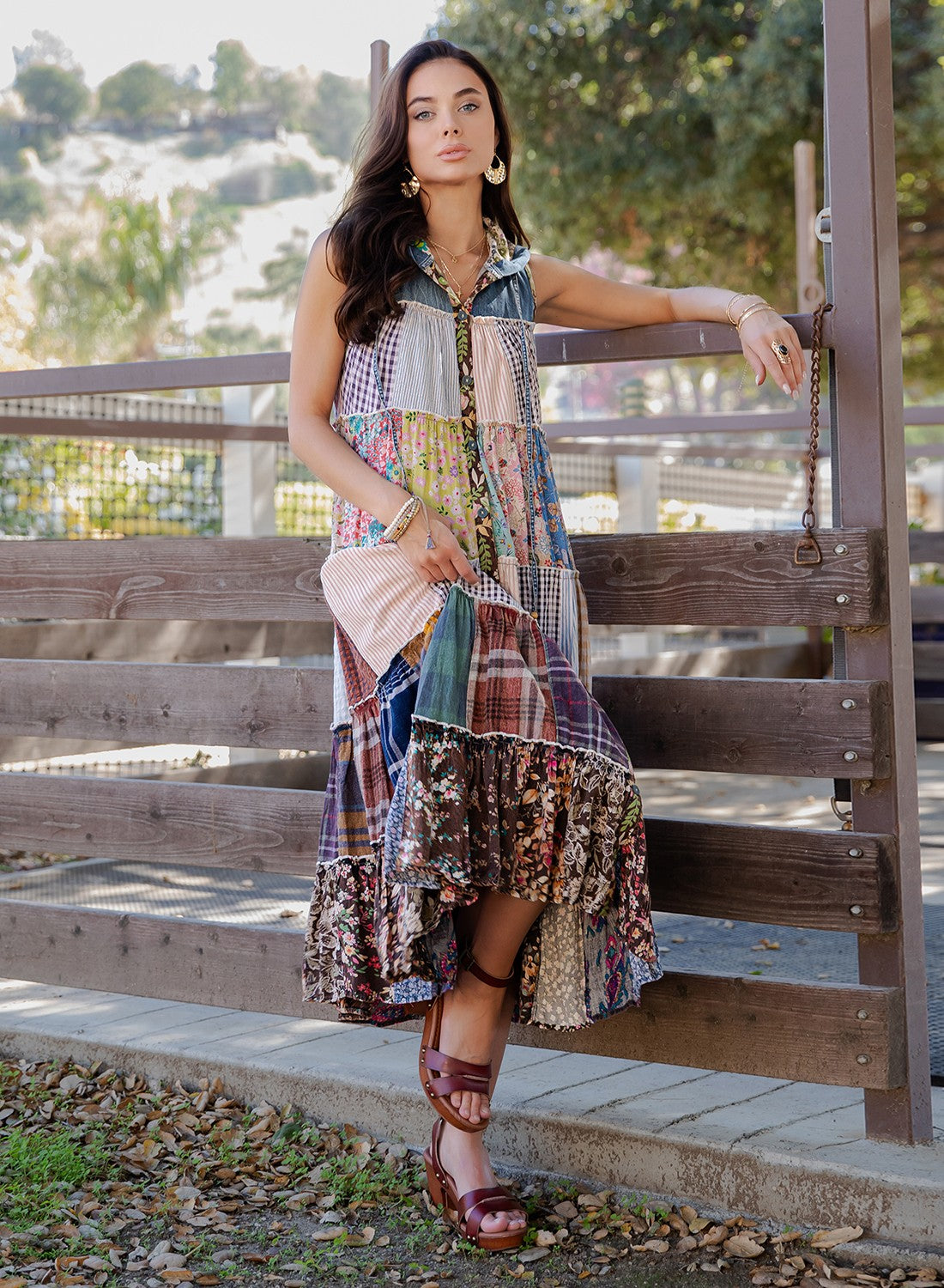 Boho Patchwork Sleeveless Maxi Duster With Hoodie