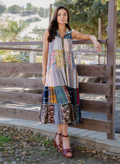 Boho Patchwork Sleeveless Maxi Duster With Hoodie