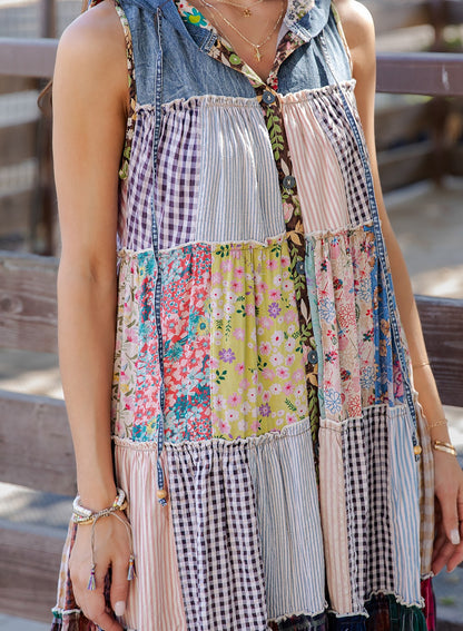 Boho Patchwork Sleeveless Maxi Duster With Hoodie