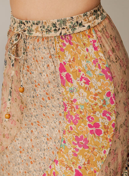 Boho Patchwork Tiered Drawstring Maxi Skirt