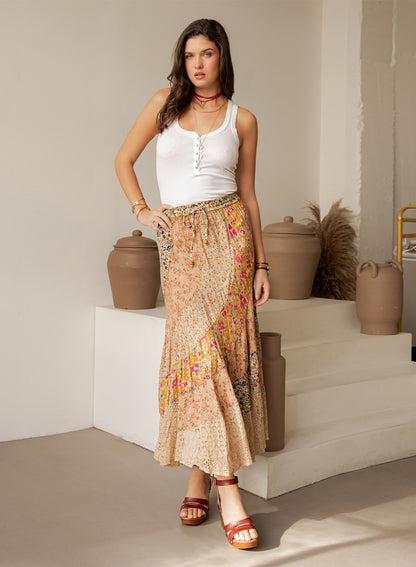 Boho Patchwork Tiered Drawstring Maxi Skirt