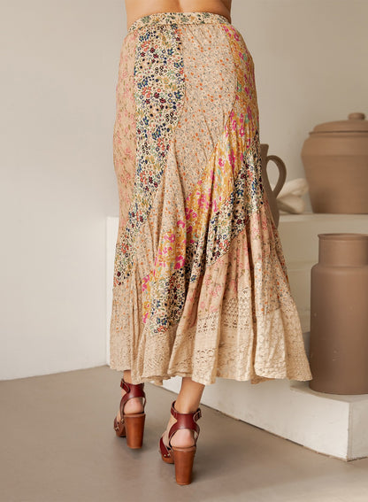 Boho Patchwork Tiered Drawstring Maxi Skirt