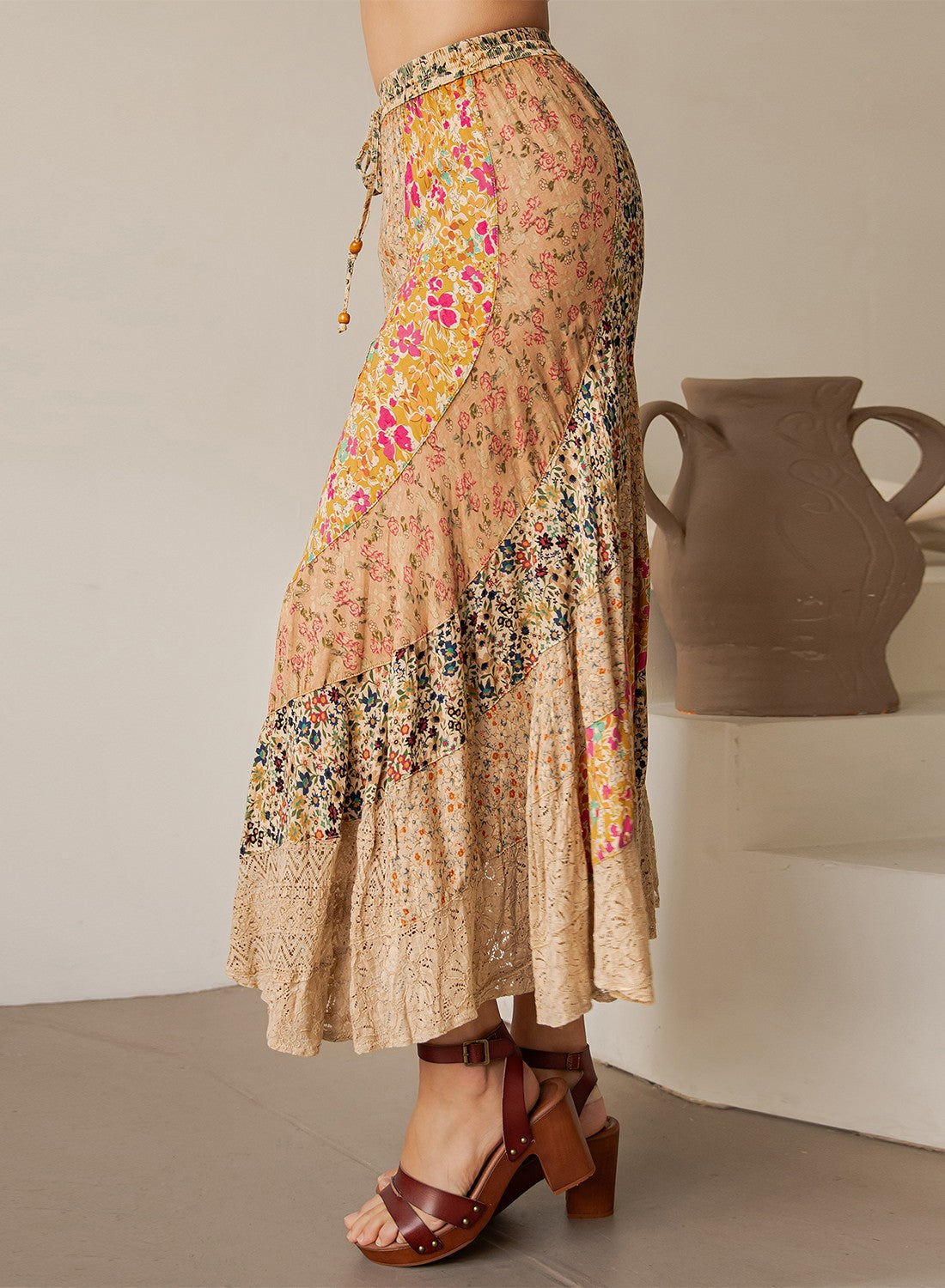 Boho Patchwork Tiered Drawstring Maxi Skirt
