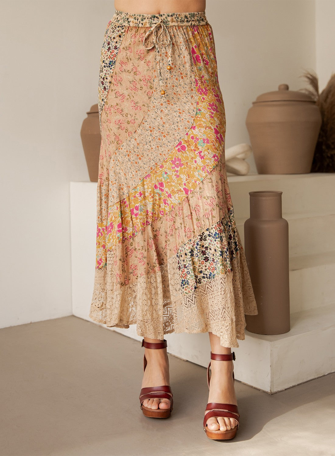 Boho Patchwork Tiered Drawstring Maxi Skirt