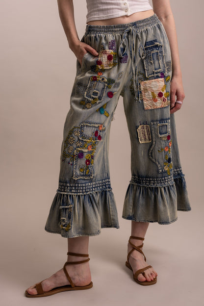 BlueVelvet Embroidered Patchwork Ruffle Hem Denim Pants