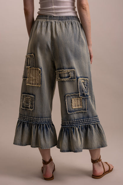 BlueVelvet Embroidered Patchwork Ruffle Hem Denim Pants