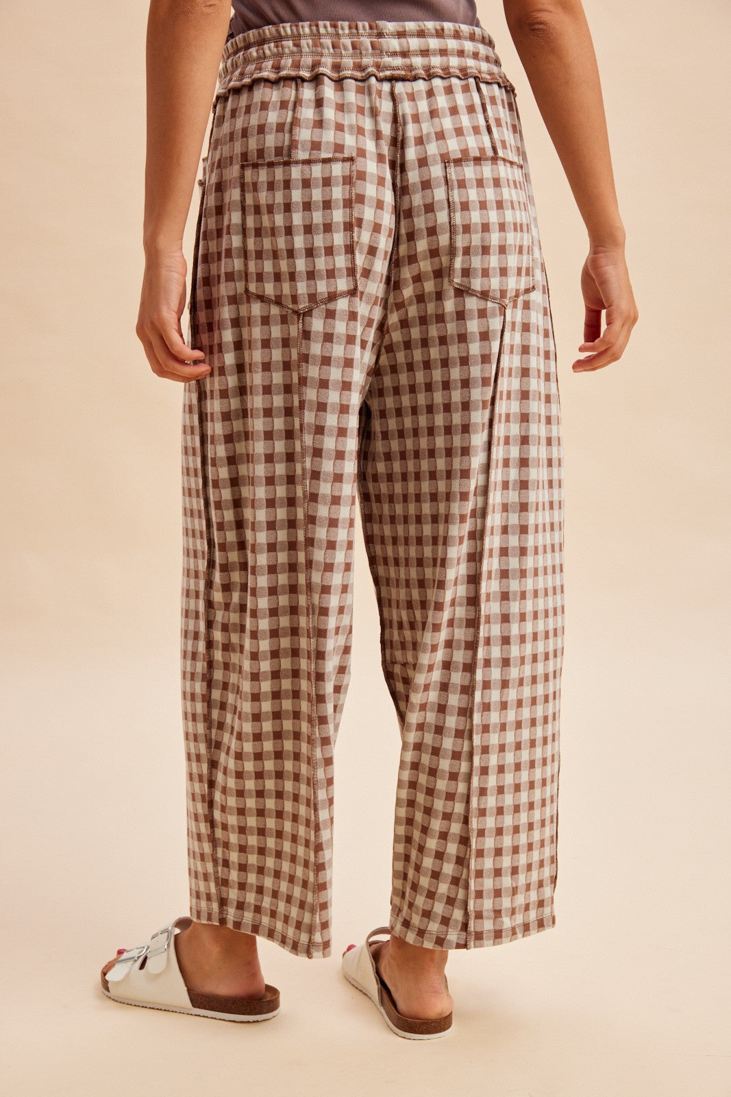 AnnieWear Soft Brushed Check Barrel Fit Utility Pants - Mocha
