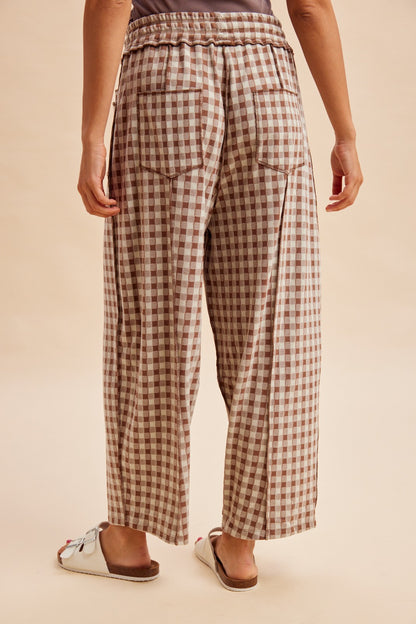 AnnieWear Soft Brushed Check Barrel Fit Utility Pants - Mocha