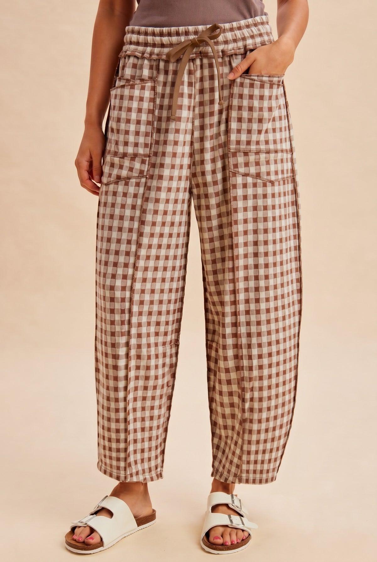 AnnieWear Soft Brushed Check Barrel Fit Utility Pants - Mocha
