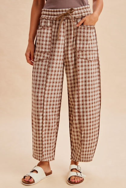 AnnieWear Soft Brushed Check Barrel Fit Utility Pants - Mocha
