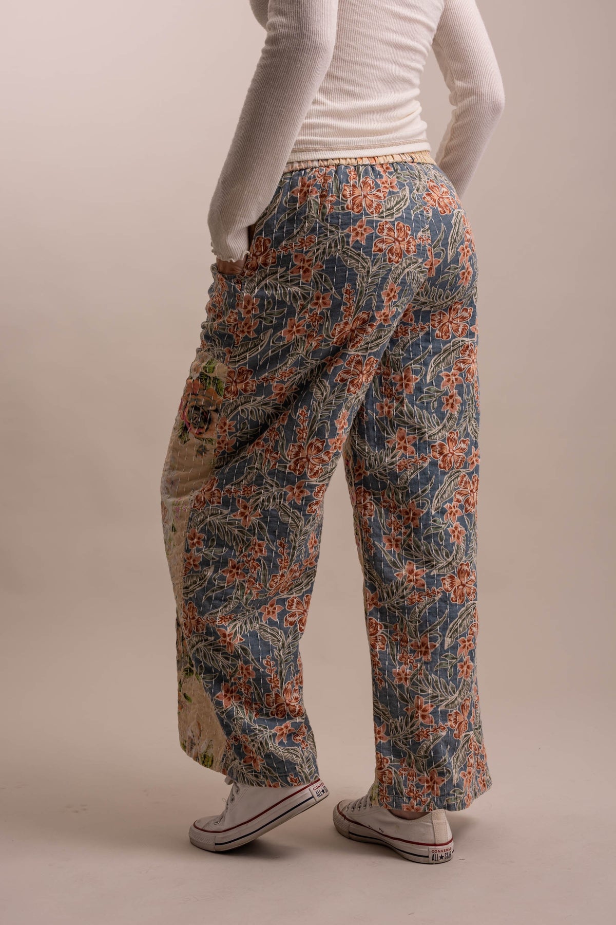 BlueVelvet Wide Leg Patchwork Floral Pants - Beige-Blue