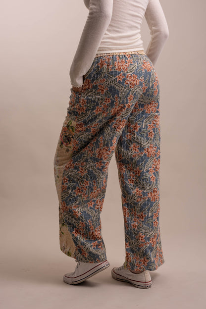 BlueVelvet Wide Leg Patchwork Floral Pants - Beige-Blue