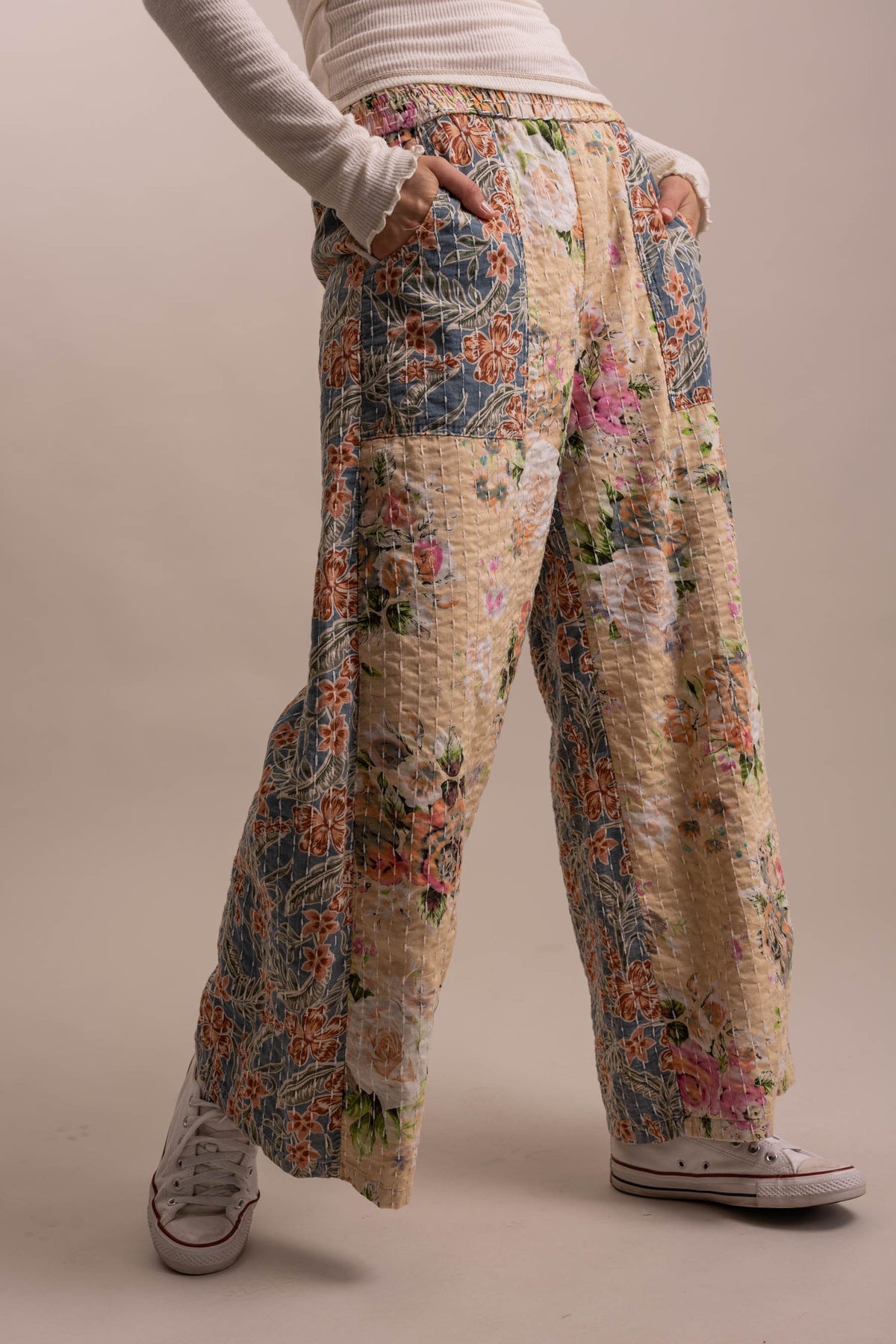 BlueVelvet Wide Leg Patchwork Floral Pants - Beige-Blue