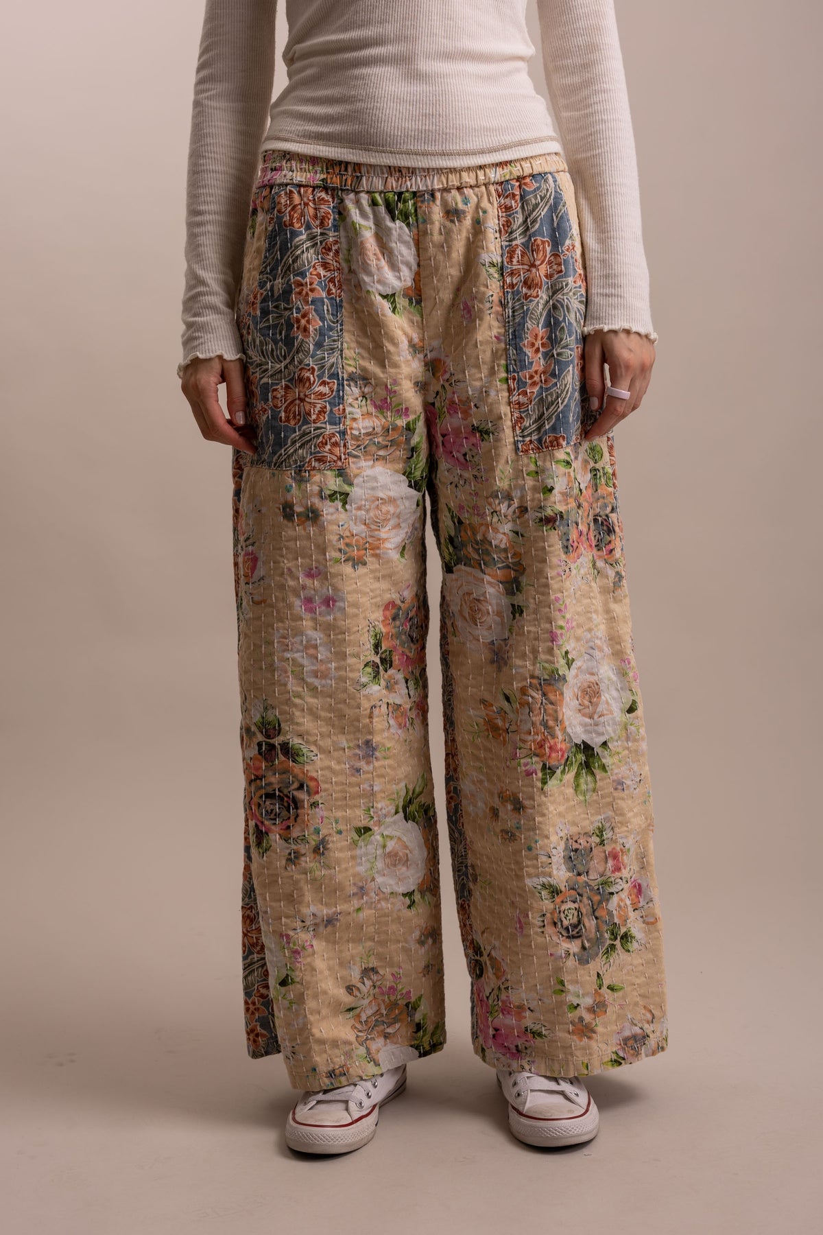 BlueVelvet Wide Leg Patchwork Floral Pants - Beige-Blue