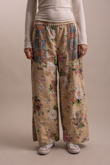 BlueVelvet Wide Leg Patchwork Floral Pants - Beige-Blue