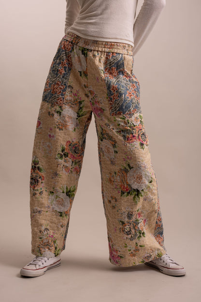BlueVelvet Wide Leg Patchwork Floral Pants - Beige-Blue