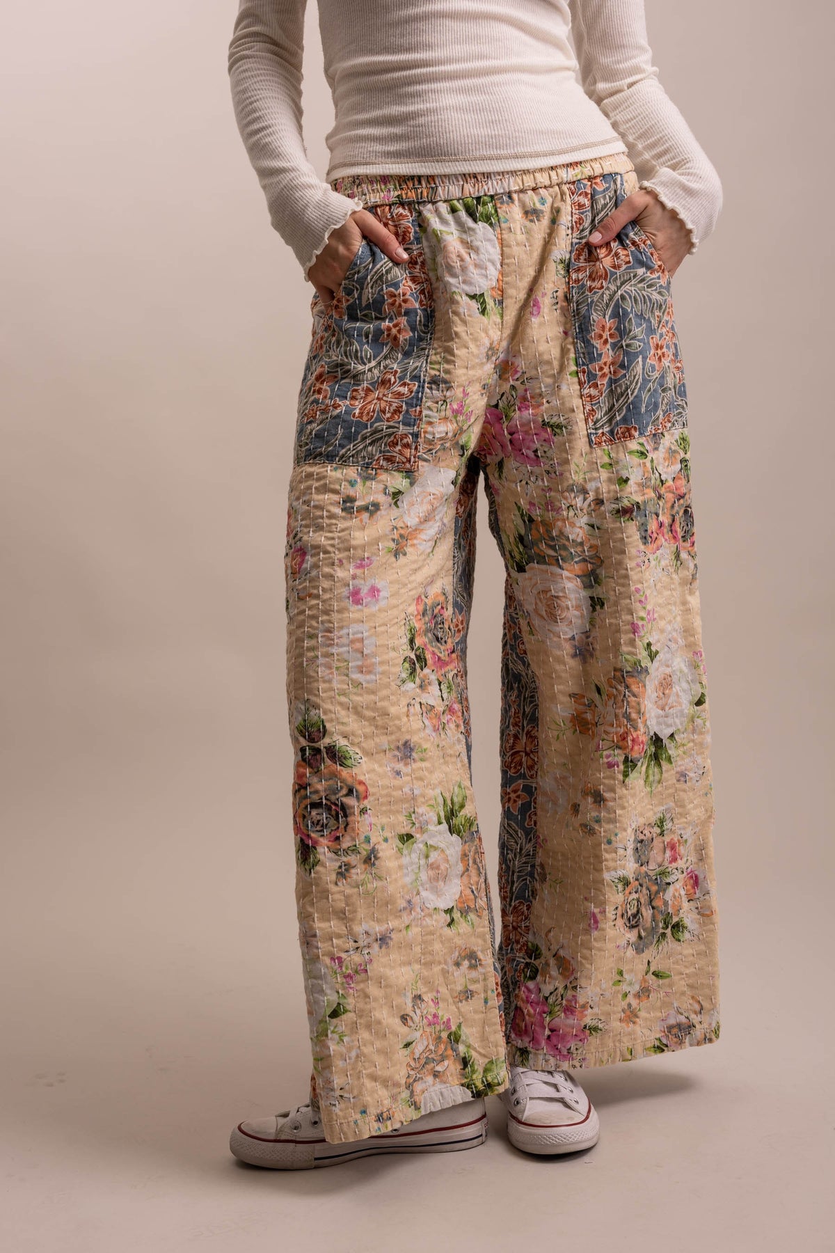 BlueVelvet Wide Leg Patchwork Floral Pants - Beige-Blue