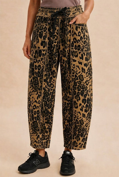 Mocha Leopard Printed Barrel Fit Utility Knit Pants