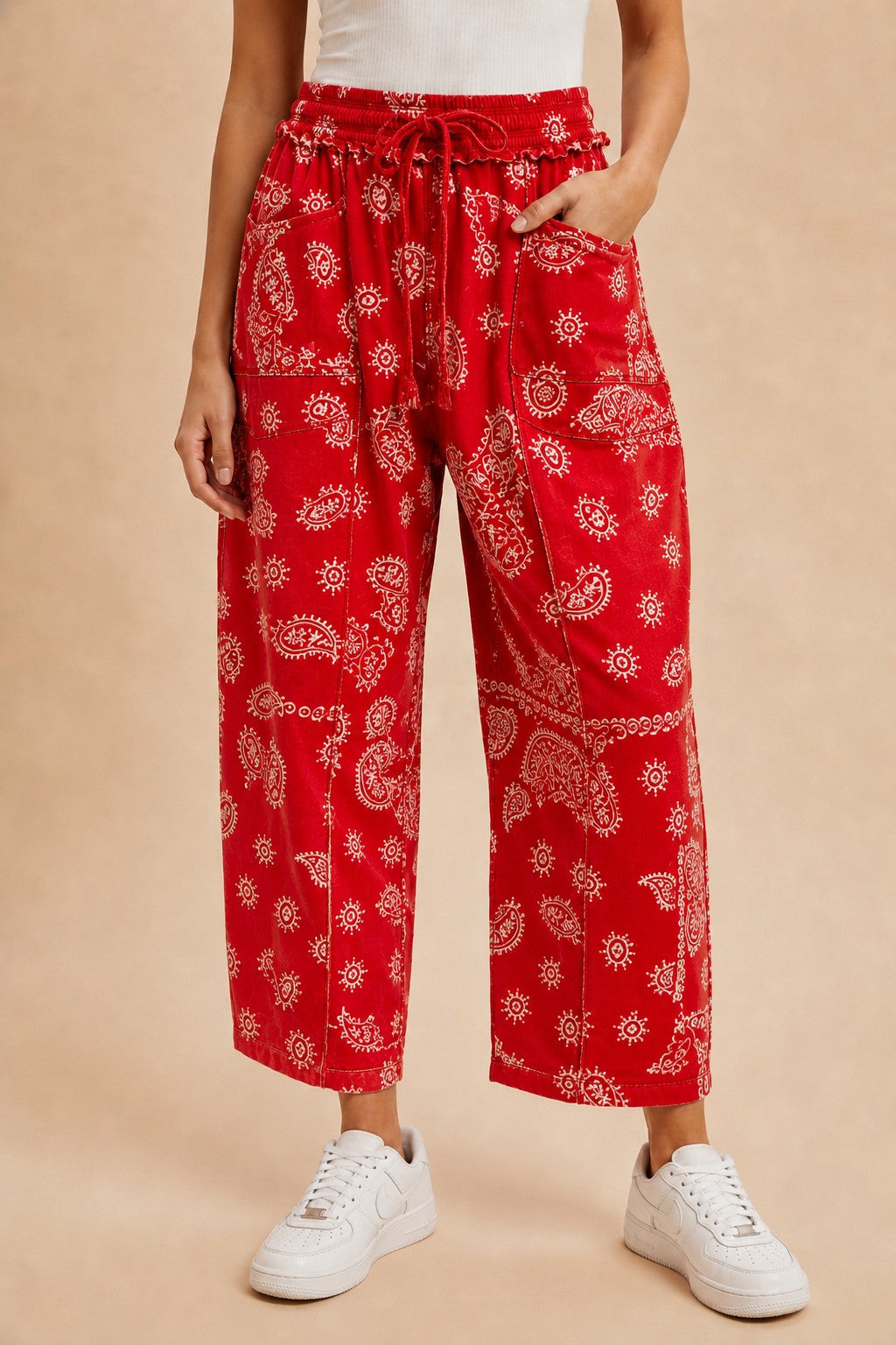 Red Bandana Printed Barrel Fit Utility Knit Pants