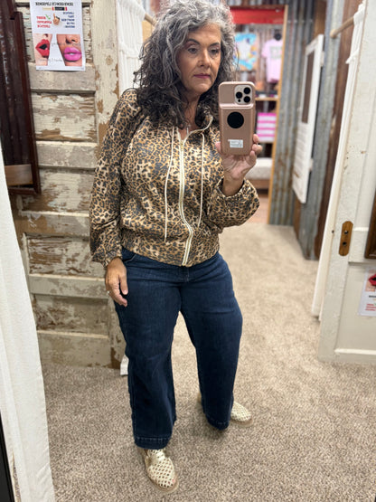 Umgee Camel Leopard Print Zip-Up Hooded Jacket