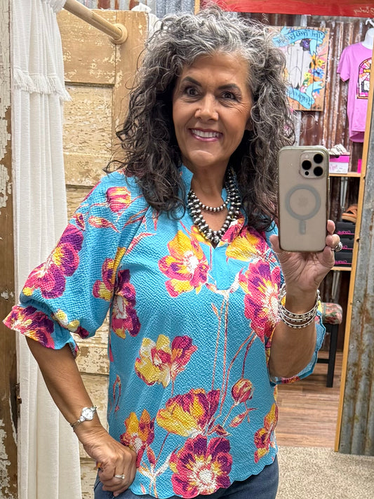UMGEE Aqua Floral Puff Sleeve Top