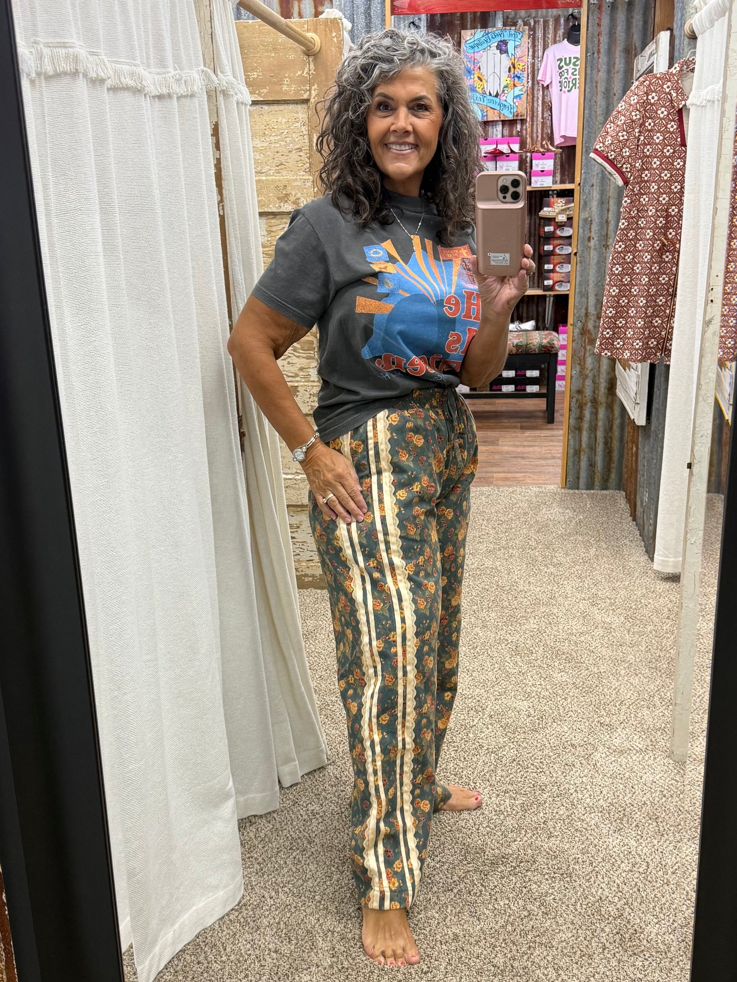 WASHED FLORAL DENIM SIDE LACE TRIM ELASTIC PANTS